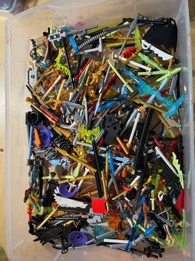 Lego Mixed Weapon & Accessory Lot with Gold, Black, Blue, Red, Green Pieces